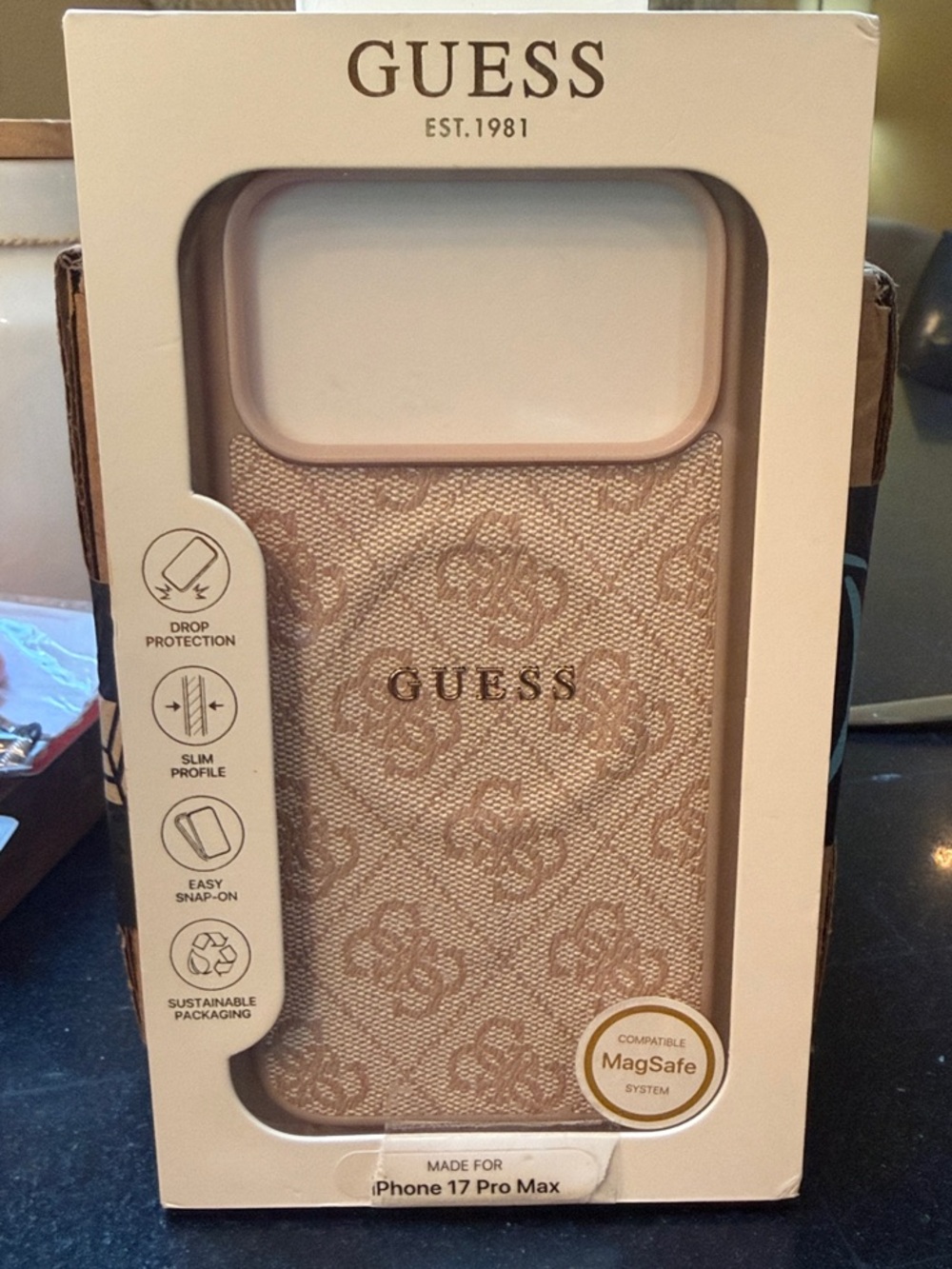 GUESS Beige Logo Pattern MagSafe Case for iPhone 17 Pro Max